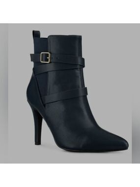 Perphy | Navy Blue Pointed Toe Stiletto Heel Ankle Boots | Elastic Cross Strap